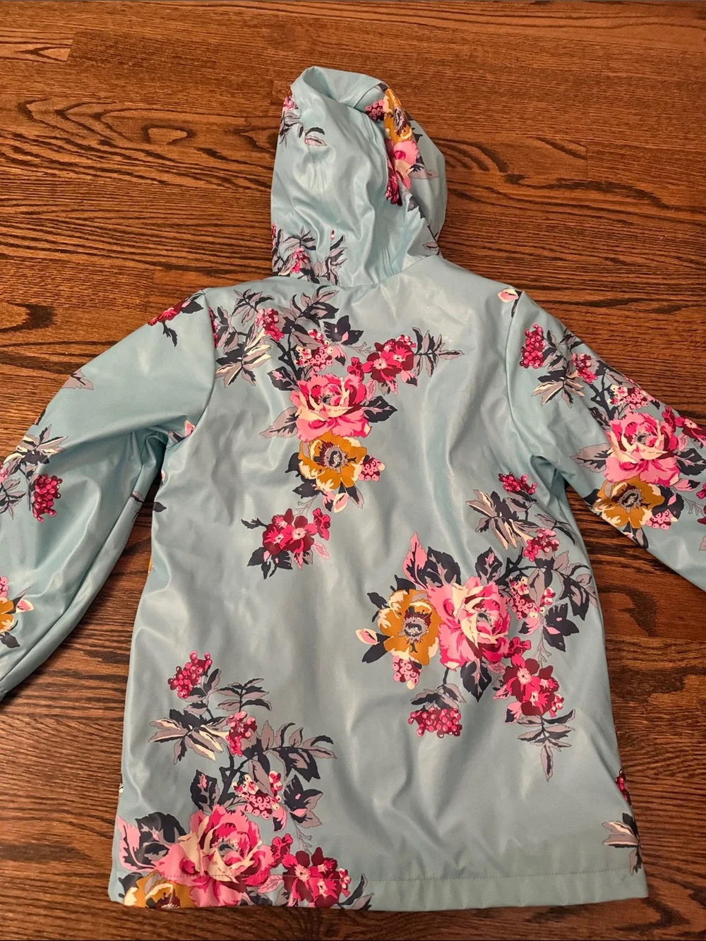 Joules Light Blue Floral Hooded Raincoat with Pink Fleece Lining